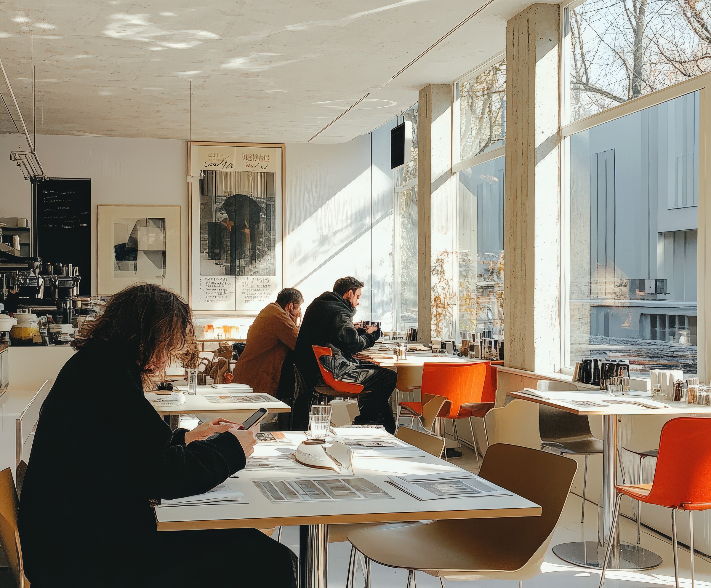 Customers looking at restaurant reviews on smartphone