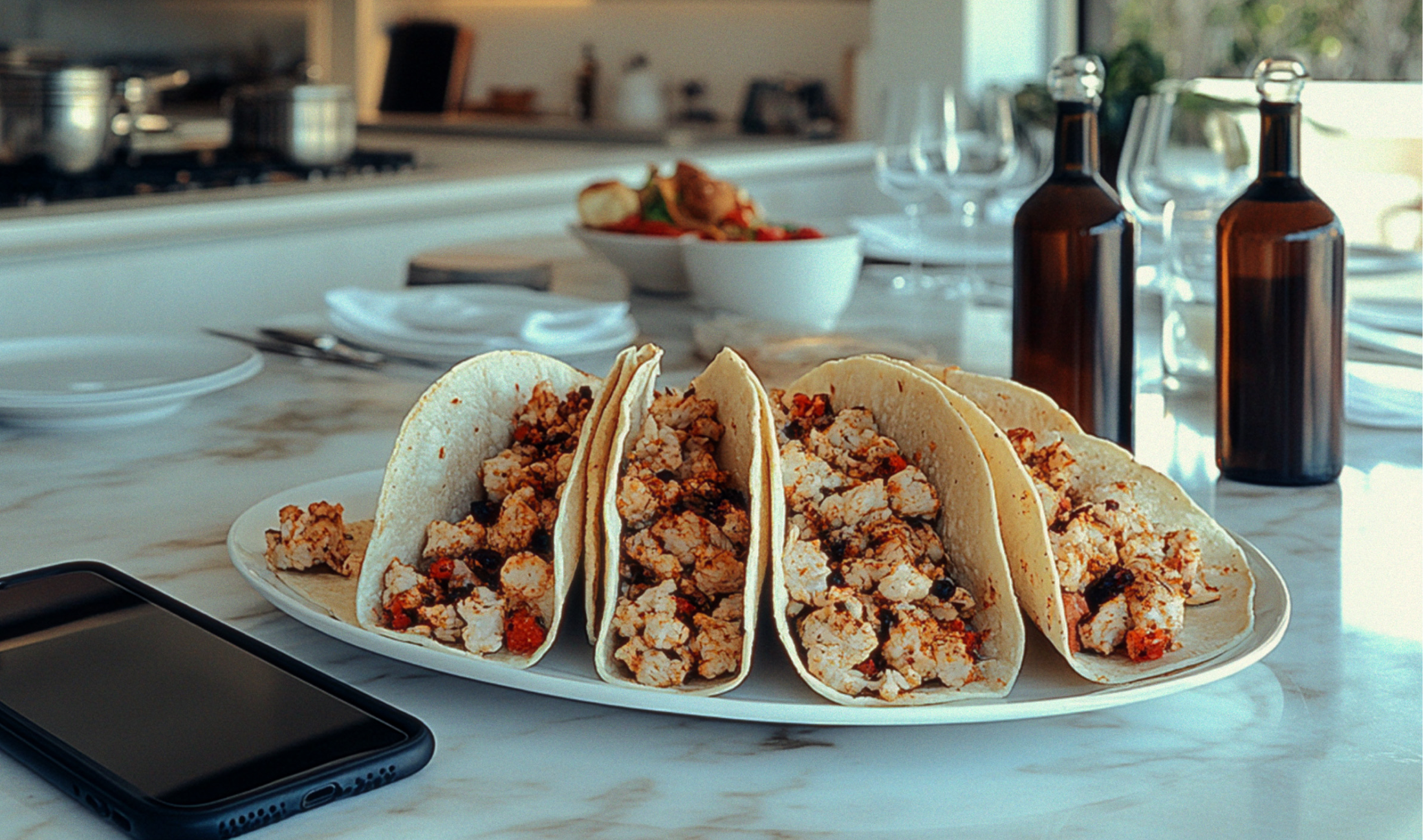 Tacos next to a phone on the table in restaurant